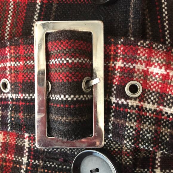 Moda brown red wool plaid preppy academia 70s 60s retro belted peacoat XS - Picture 7 of 7